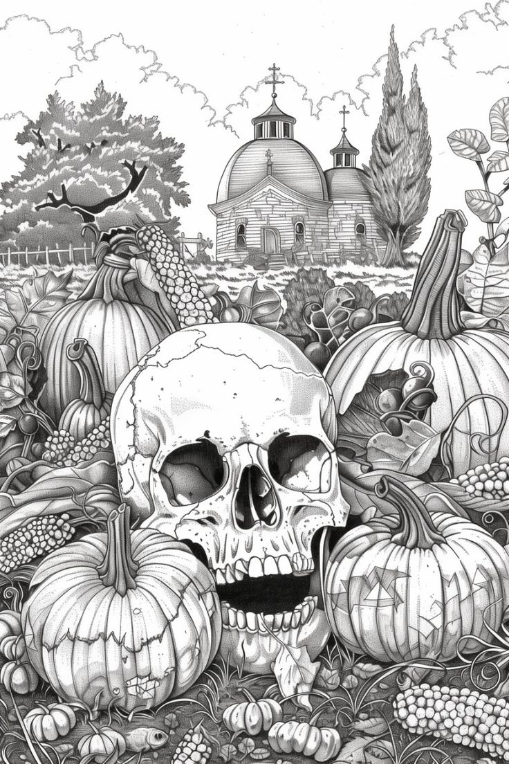 Skull And Pumpkin Patch Scene - Free Printable Coloring Page for Printable Halloween Pictures For Adults