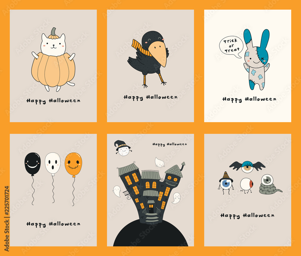 Stock-Vektorgrafik „Set Of Halloween Greeting Cards With Kawaii within Printable Greeting Cards Kids Halloween