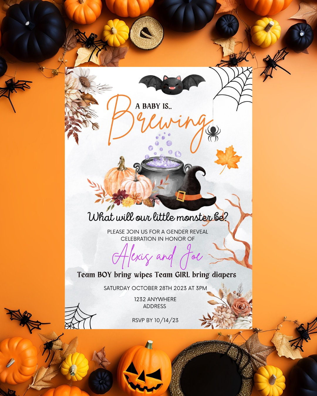 Witch&amp;#039;S Brew Halloween Gender Reveal Invitation Digital- He Or She with regard to Printable Halloween Gender Reveal Invitations