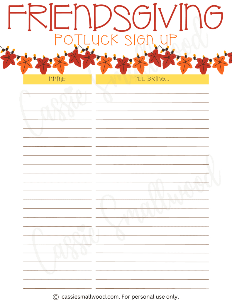 10 Cute Thanksgiving Potluck Sign Up Sheets - Cassie Smallwood throughout Free Printable Thanksgiving Signup Sheet