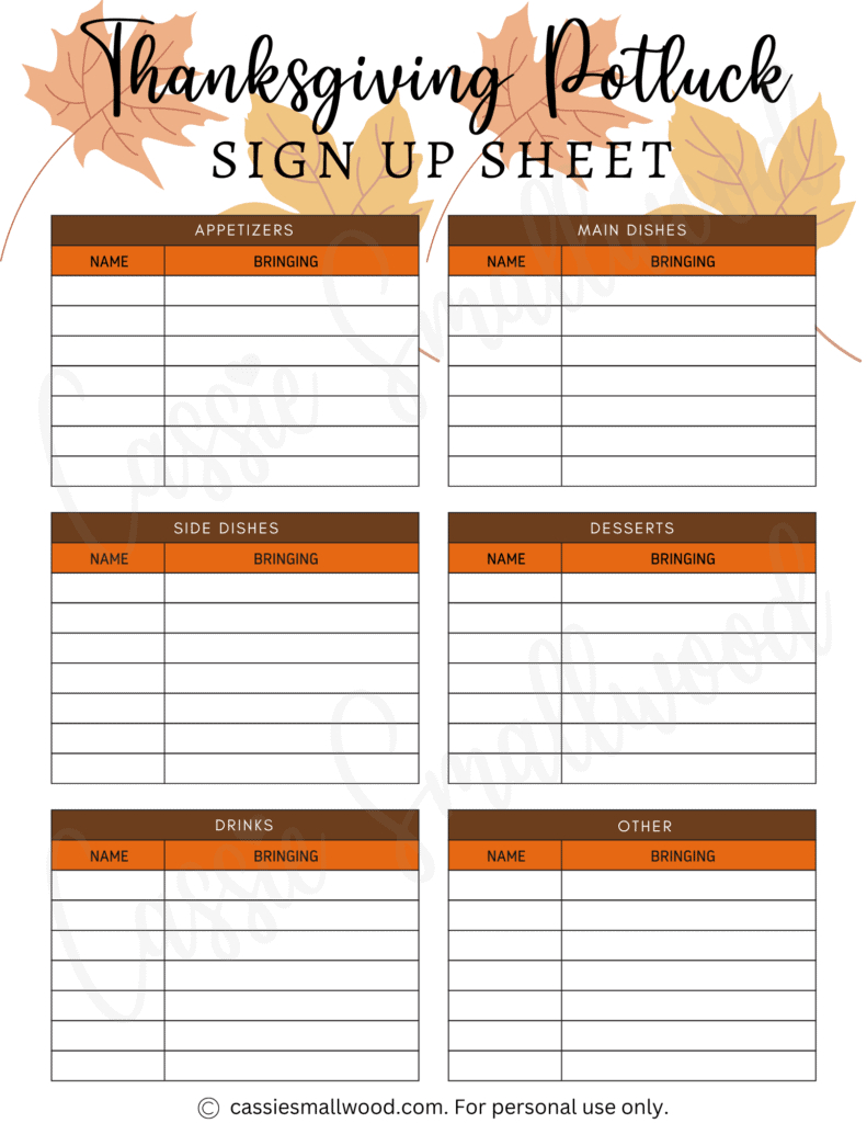 10 Cute Thanksgiving Potluck Sign Up Sheets - Cassie Smallwood throughout Thanksgiving Potluck Sign Up Sheet Printable