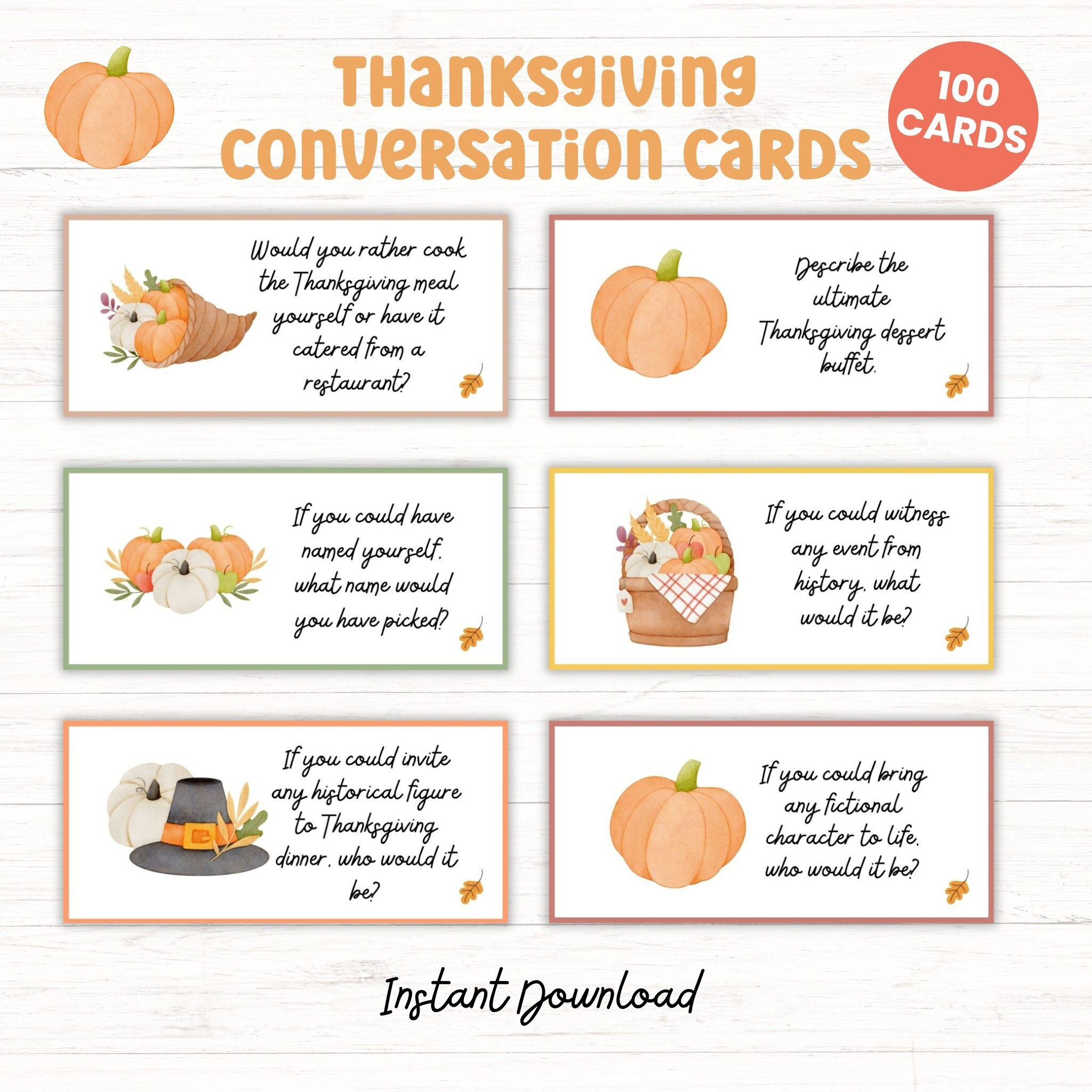 100 Thanksgiving Conversation Starter Cards, Printable | Family pertaining to Thanksgiving Conversation Starters Printable