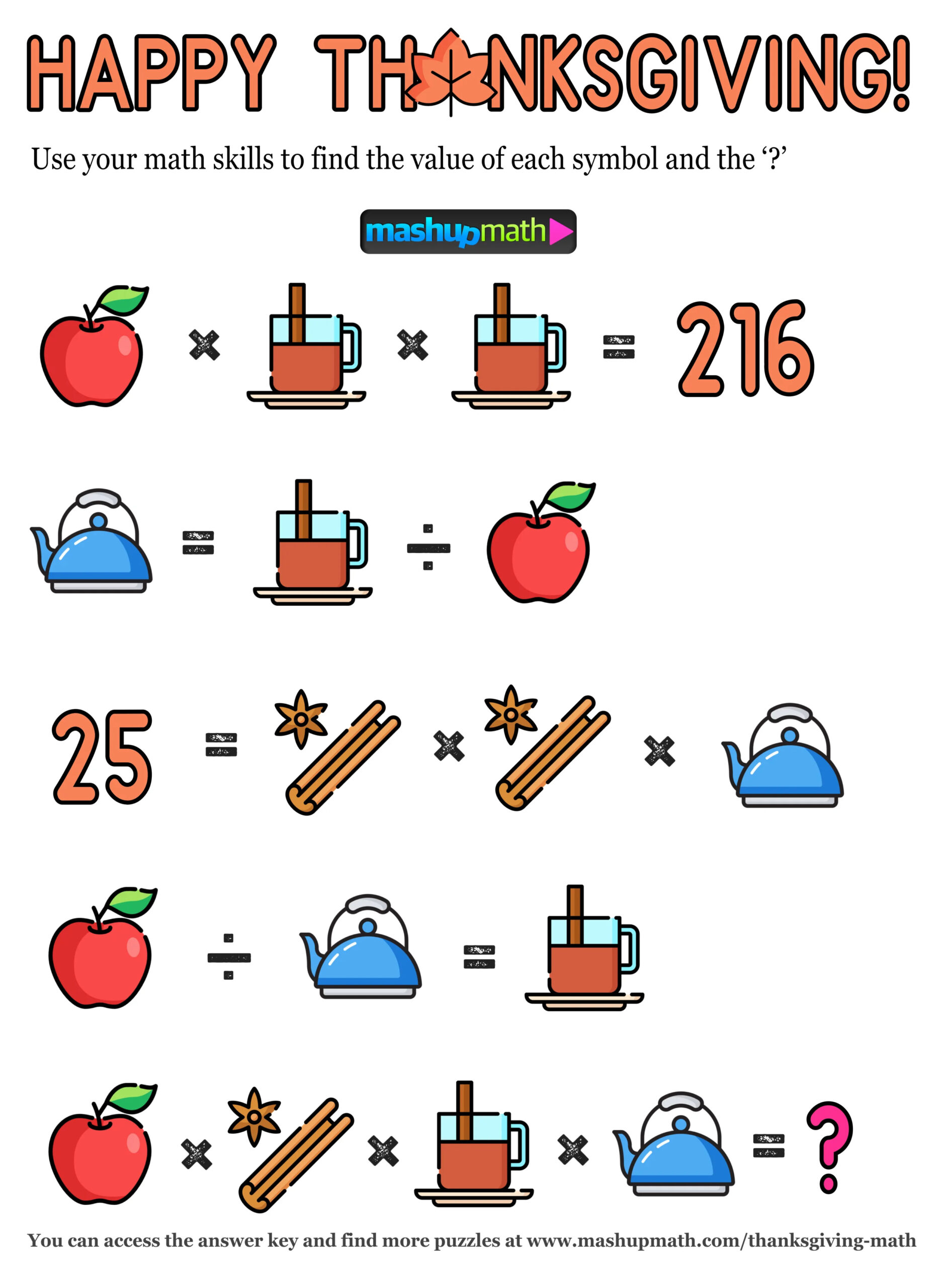12 Thanksgiving Math Activities For Grades 1-8 — Mashup Math in Fun Thanksgiving Math Worksheets