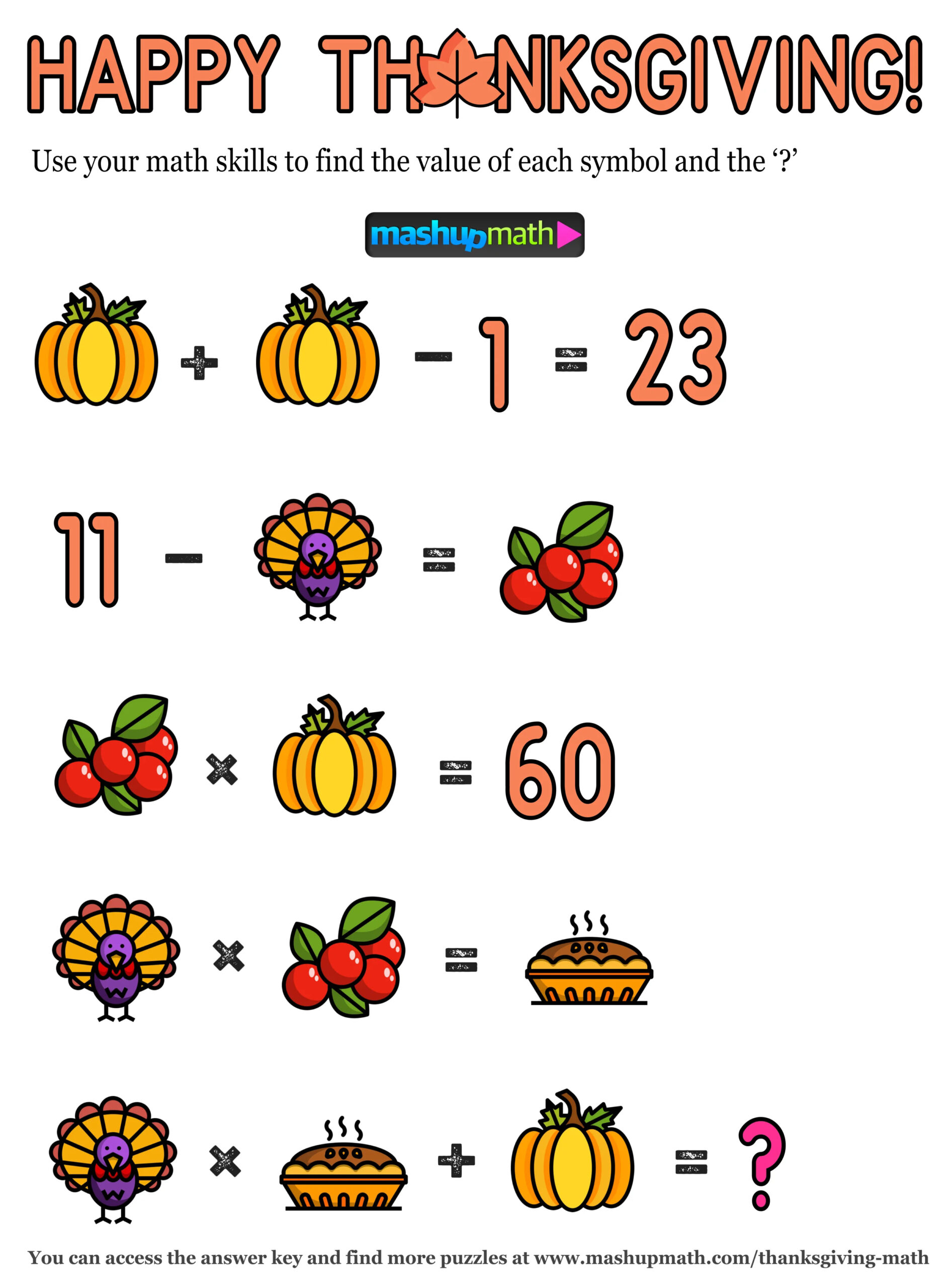 12 Thanksgiving Math Activities For Grades 1-8 — Mashup Math throughout Thanksgiving Worksheets Math