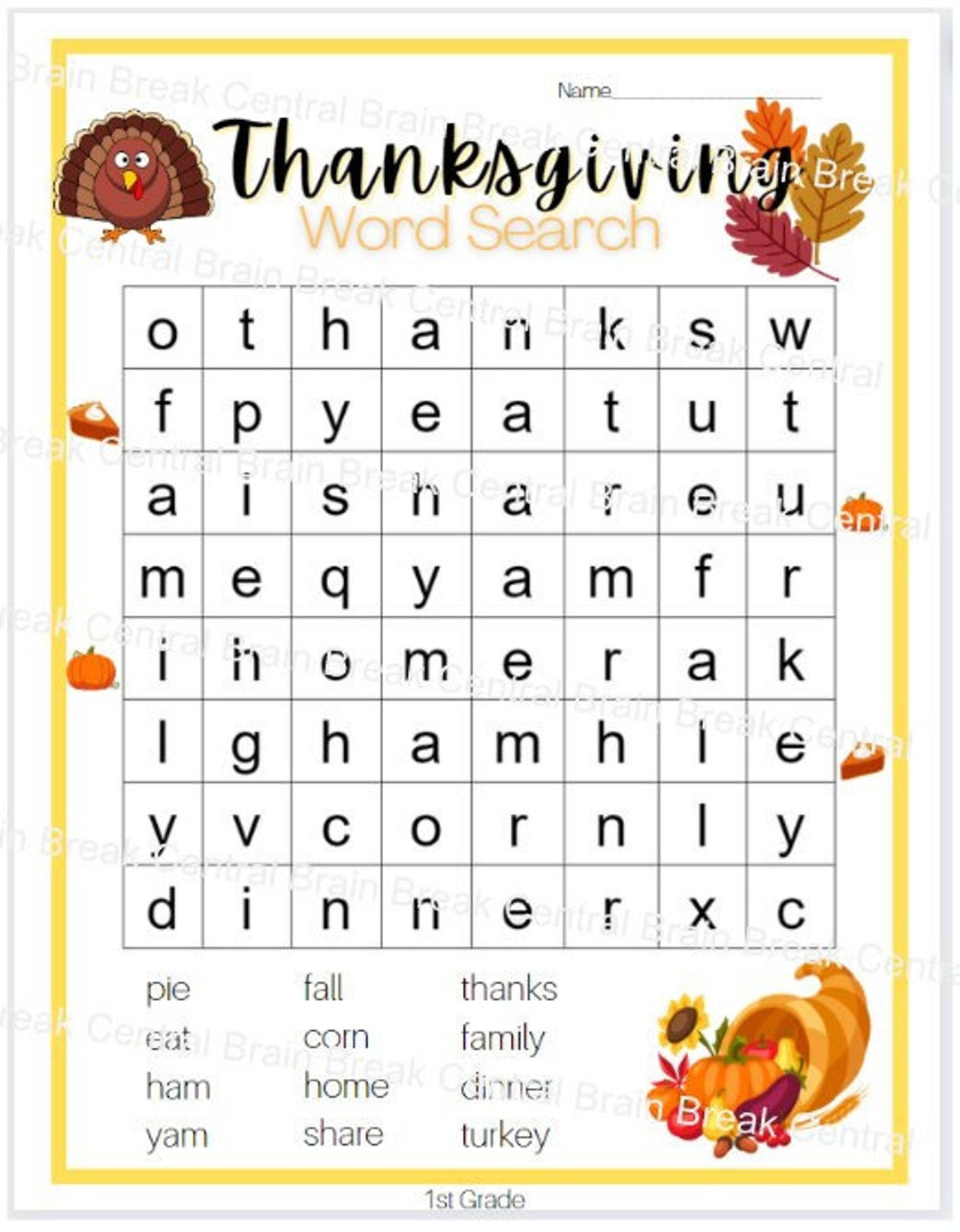 1St Grade Thanksgiving Word Search With Answer Key, Printable in Thanksgiving Worksheet 1St Grade