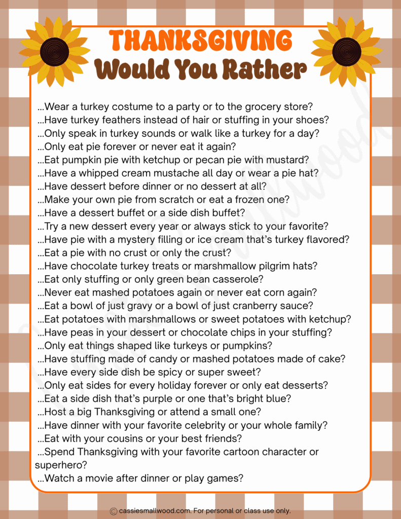 200 Thanksgiving Would You Rather Questions (Free Printables throughout Free Printable Thanksgiving Skits