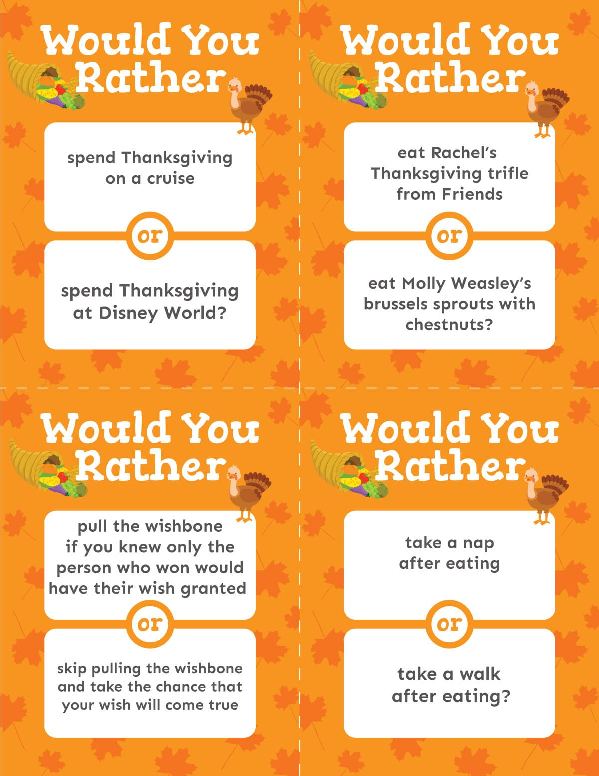 70 Fun Thanksgiving Would You Rather Questions (Free Printable) in Thanksgiving Would You Rather Printable Free