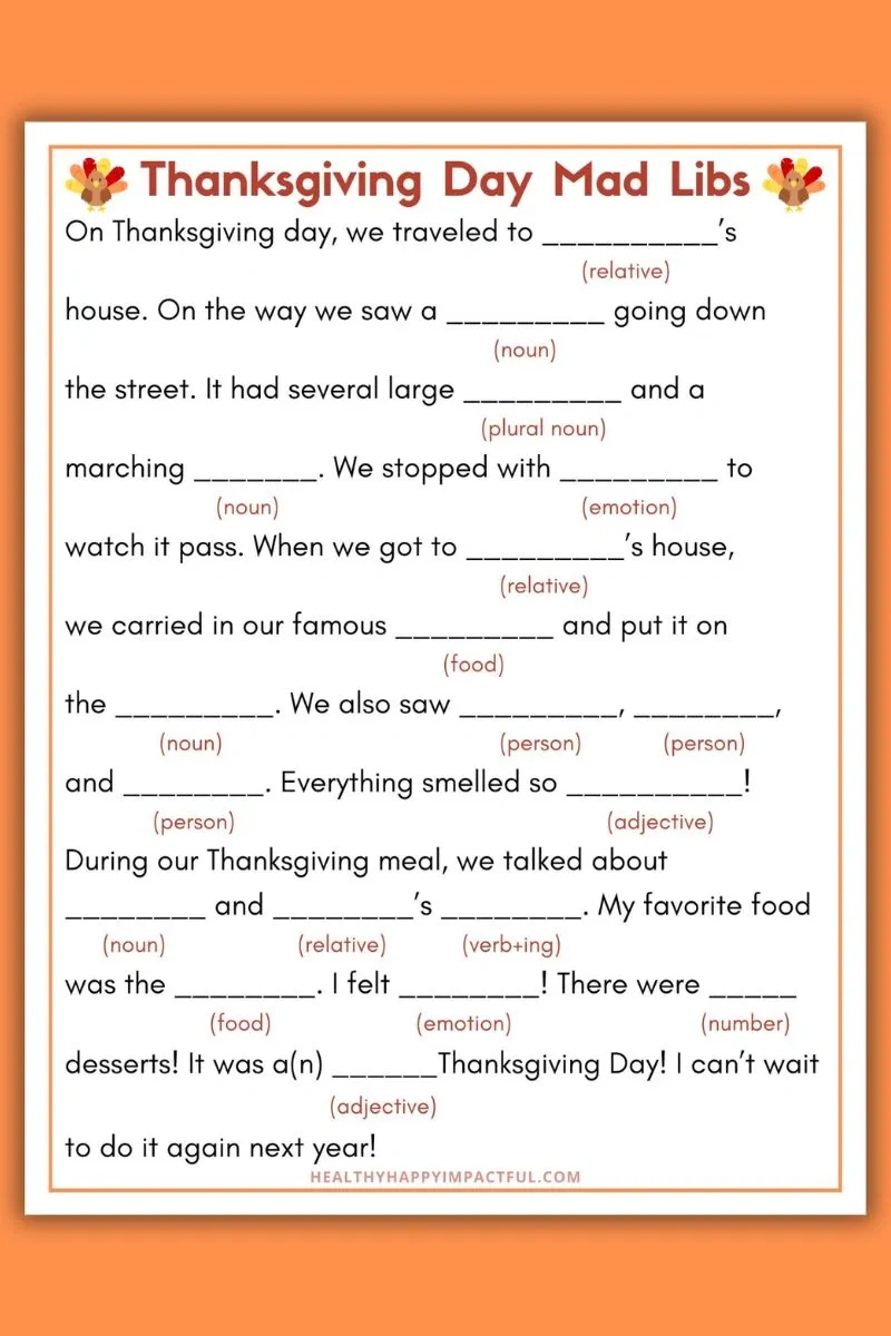Best Thanksgiving Mad Libs Free Printable (Use It This Year!) for Free Thanksgiving Mad Libs Printable