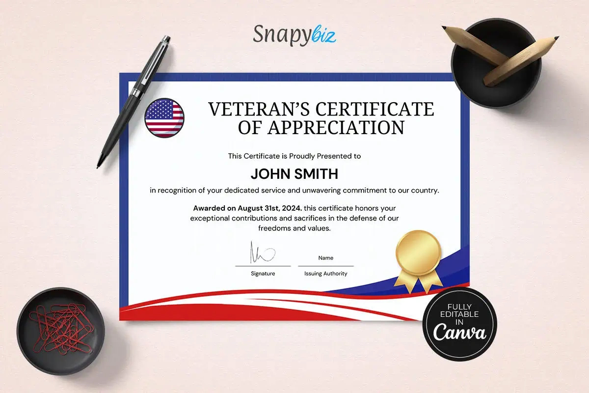 Editable American Veterans Appreciation Certificate Template inside Free Printable Certificates For Veterans Day