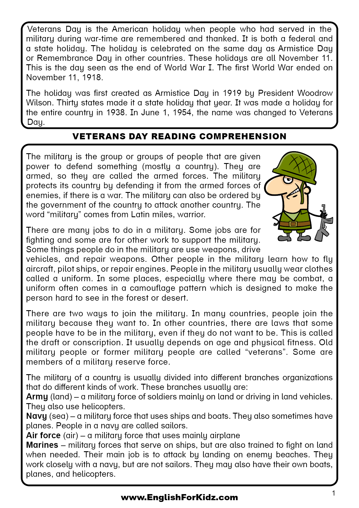 English For Kids Stepstep: Veterans Day Reading Comprehension in Printable Veterans Day Worksheets Pdf