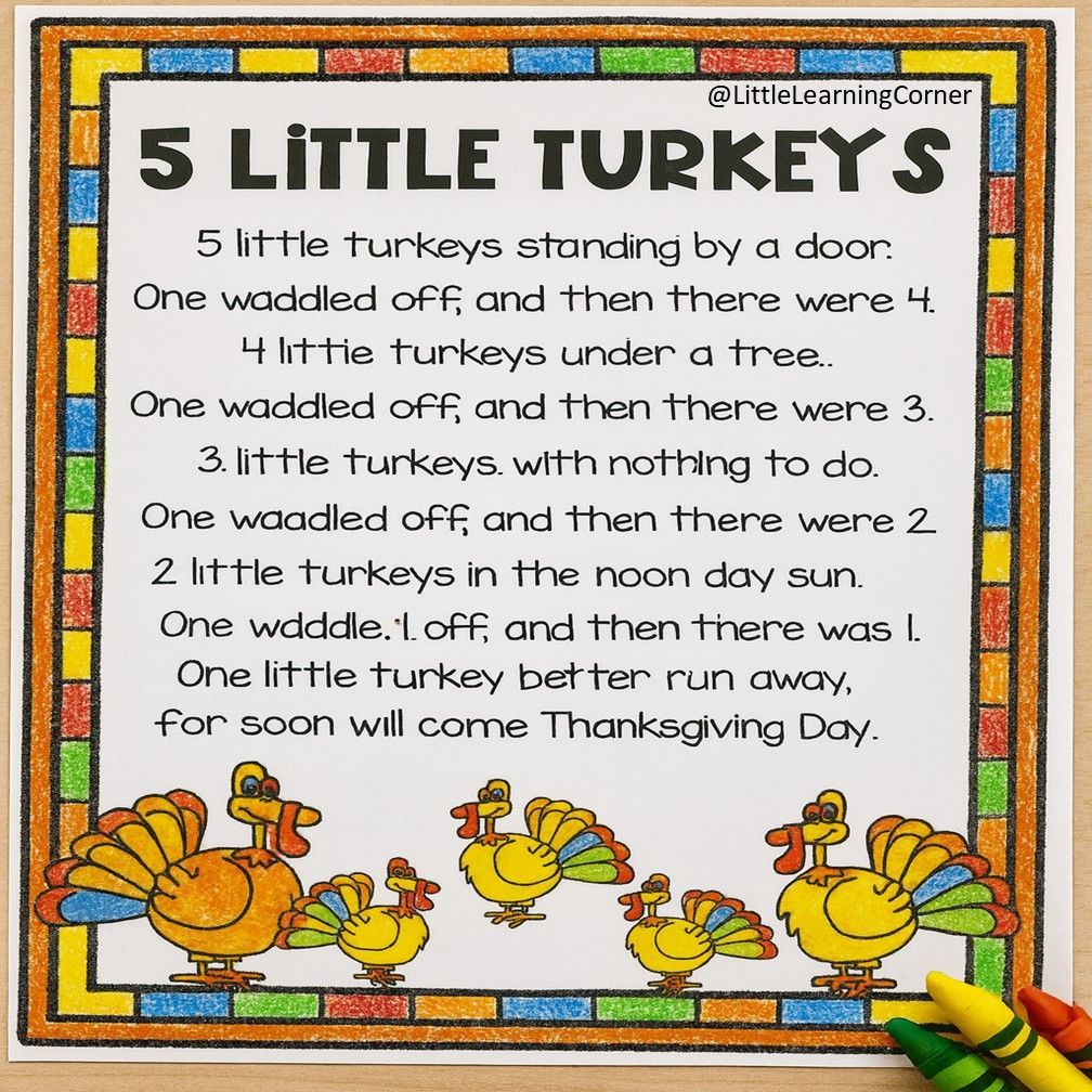 Five Little Turkeys | Thanksgiving Poem For Kids in Five Little Turkeys Poem Printable