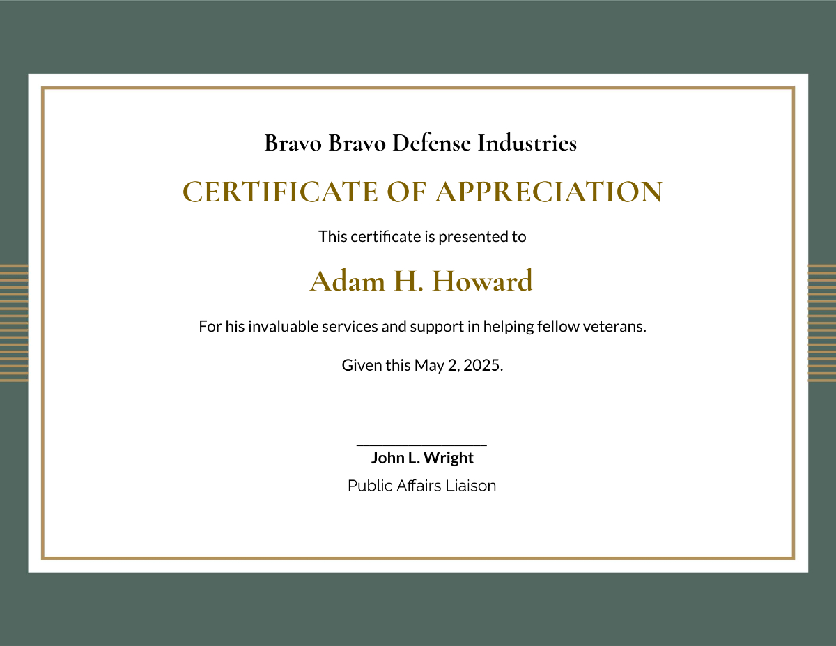 Free Military Certificate Of Appreciation Template To Edit Online with regard to Printable Veterans Certificate Of Appreciation Template Free