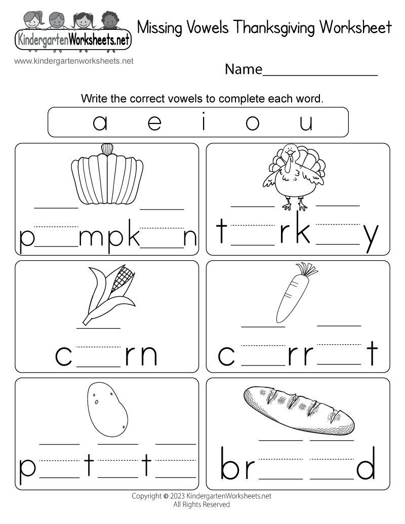 Free Printable Missing Vowels Thanksgiving Worksheet within Free Thanksgiving Printables Kindergarten
