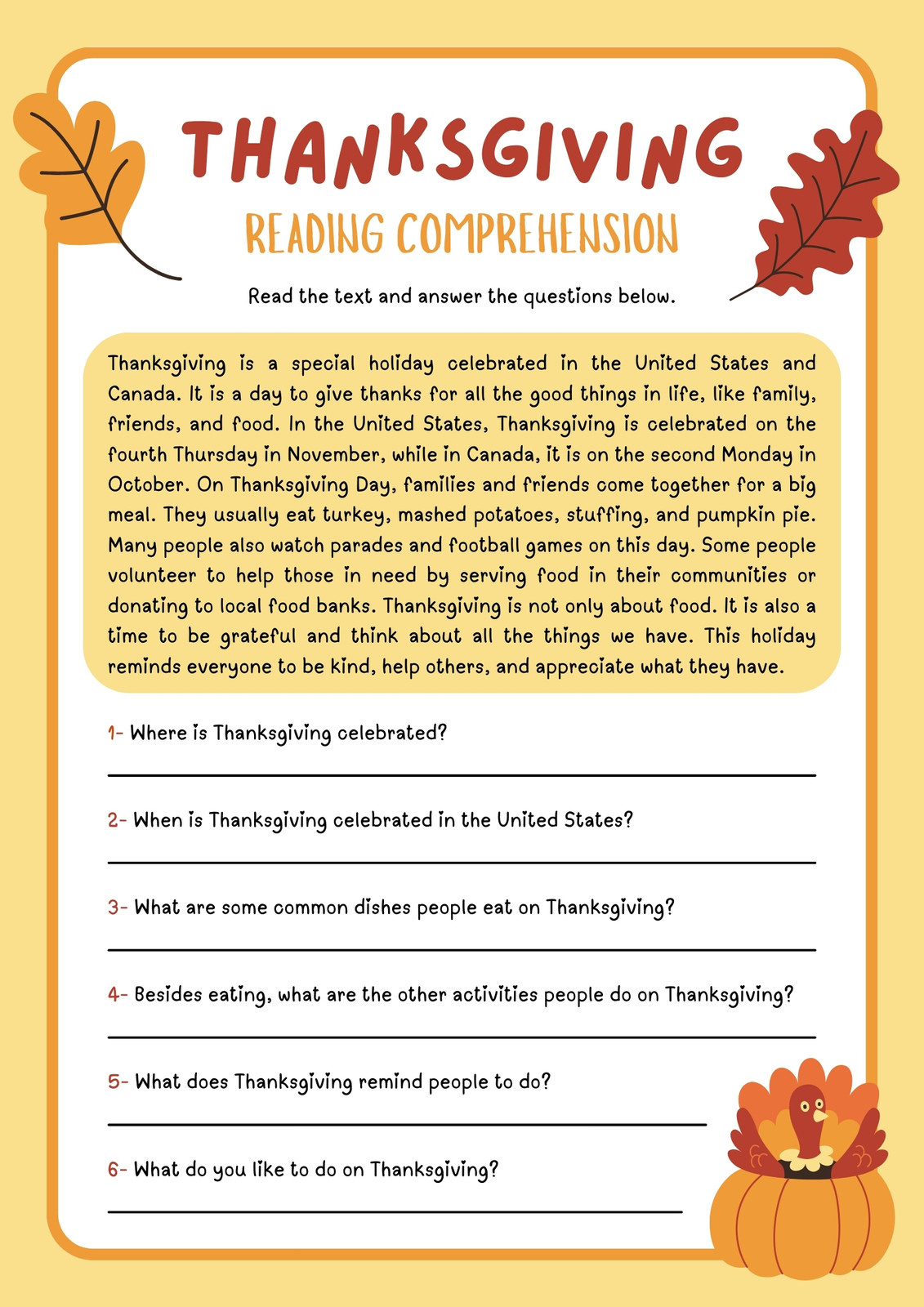 Free Printable Thanksgiving Worksheet Templates | Canva pertaining to Thanksgiving English Worksheets