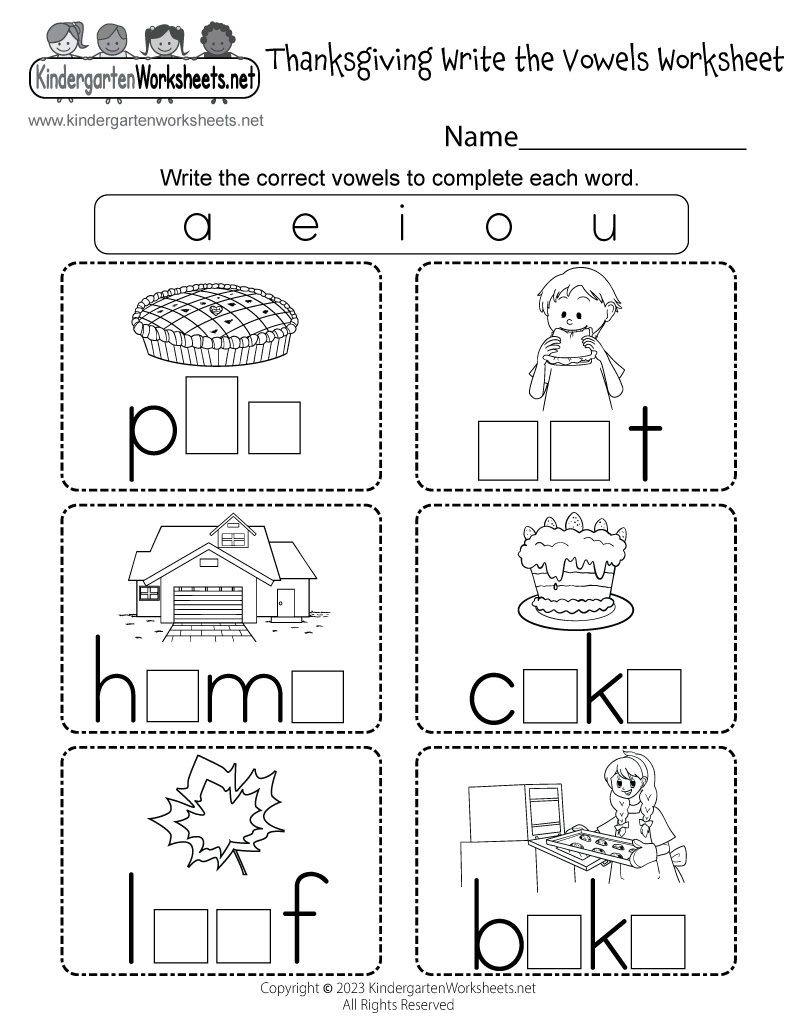 Free Printable Thanksgiving Write The Vowels Worksheet inside Free Printable Kindergarten Thanksgiving Worksheet