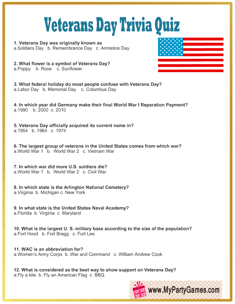 Free Printable Veterans Day Trivia Quiz With Answer Key pertaining to Printable Veterans Day Trivia