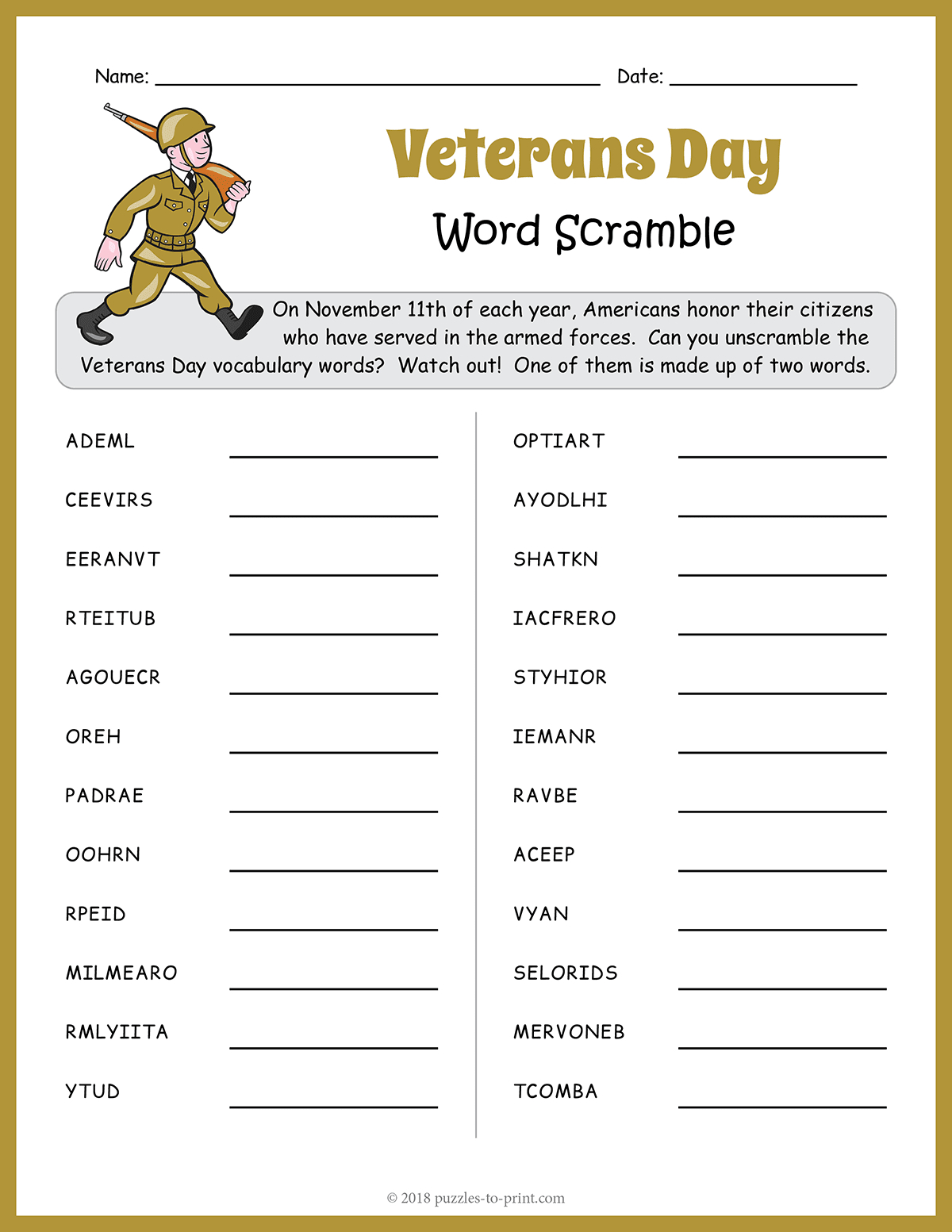 Free Printable Veterans Day Word Scramble in Veterans Day Word Scramble Printable