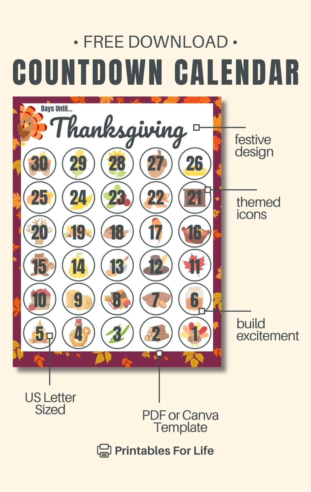 Free Thanksgiving Countdown Calendar Printable in Thanksgiving Countdown Calendar Printable