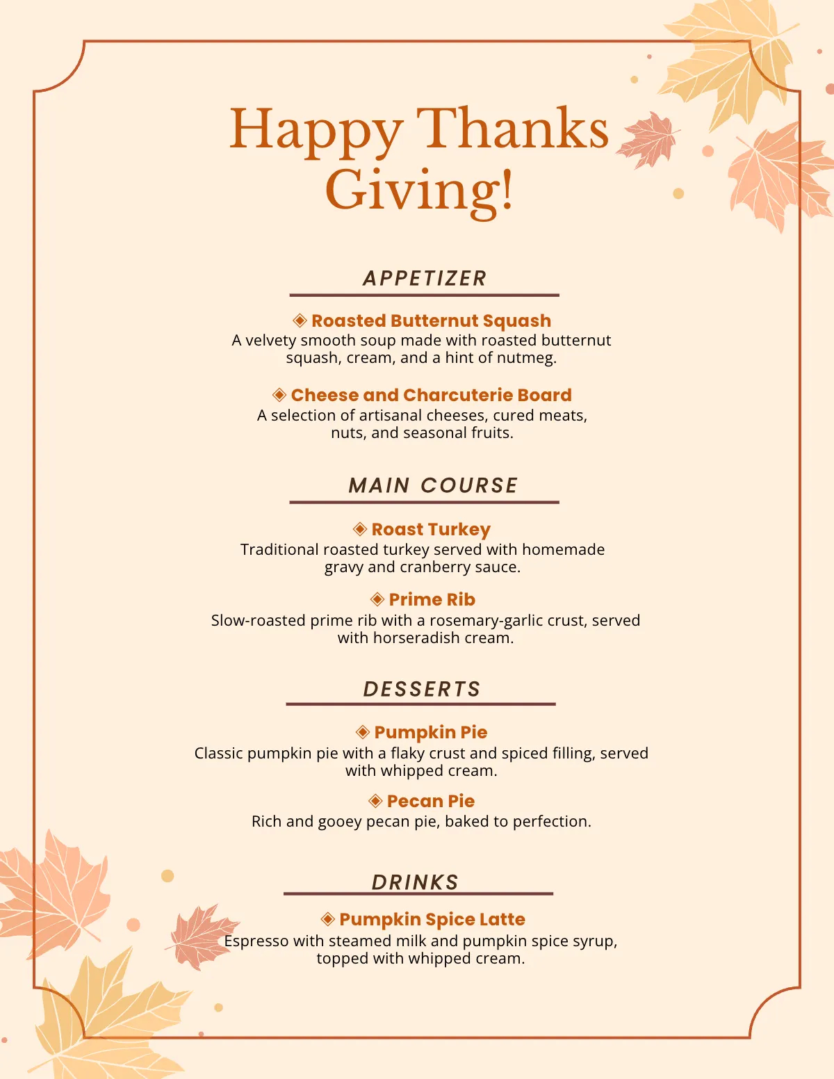 Free Thanksgiving Menu Template To Edit Online throughout Free Thanksgiving Cocktail Menu Template