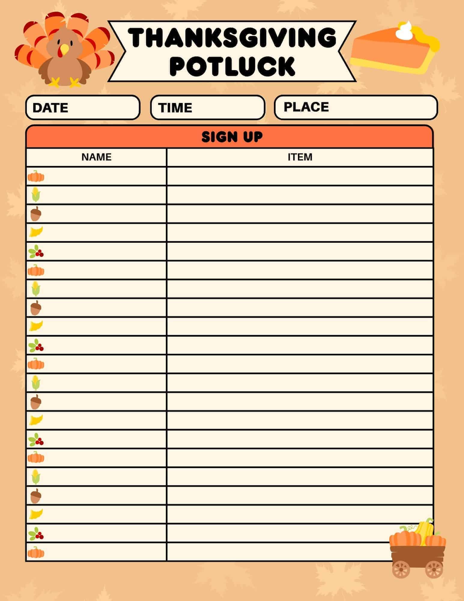 Free Thanksgiving Potluck Sign Up Sheet Printable regarding Free Printable Office Thanksgiving Potluck Sheet