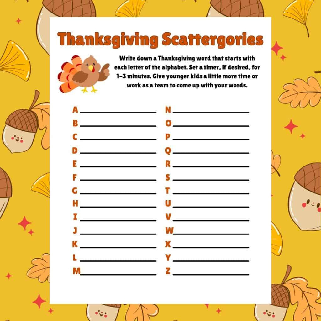 Fun Thanksgiving Scattergories Game - Free Printable - Party Ideas with Free Printable Thanksgiving Scattergories Printable