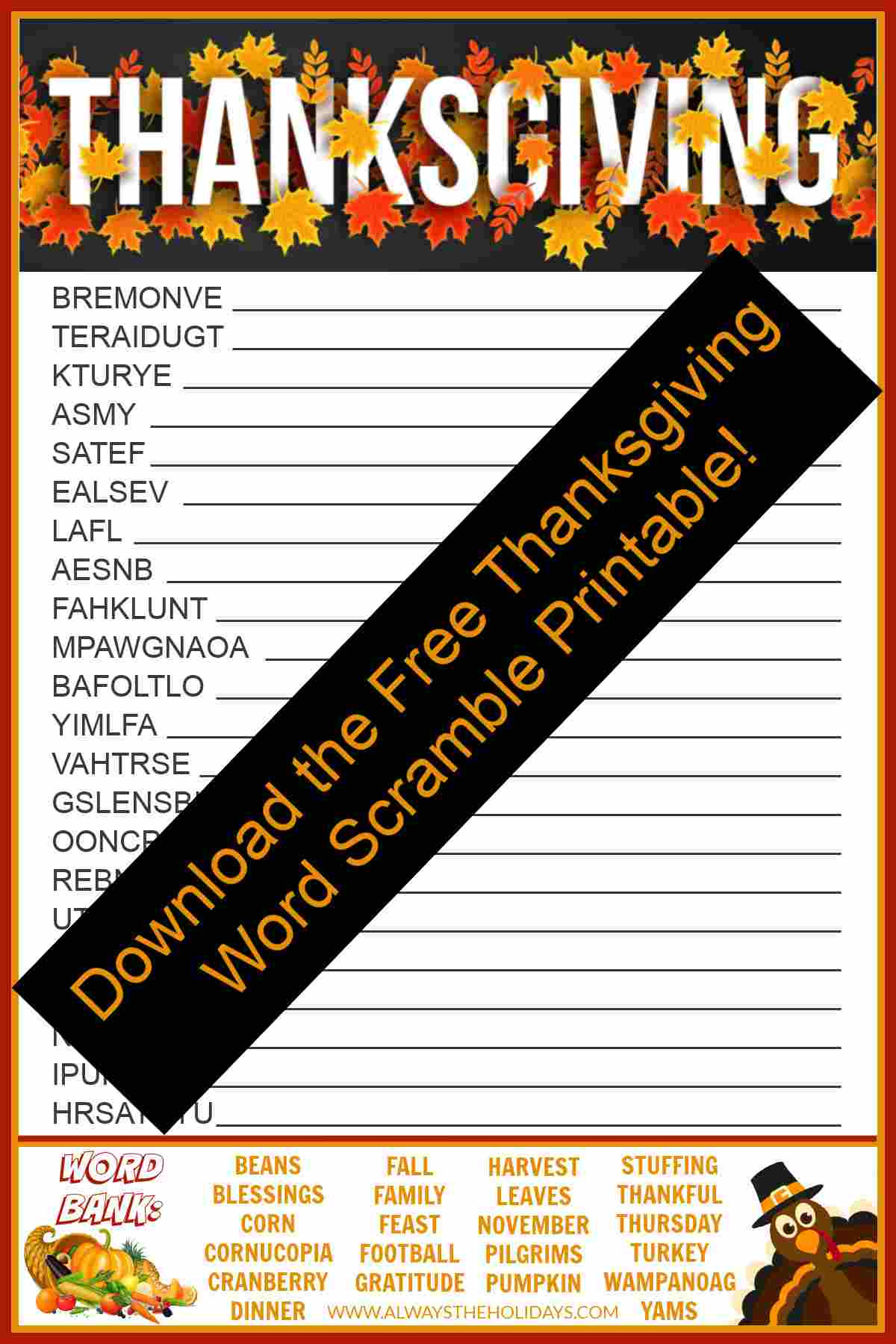 Get A Free Printable Thanksgiving Word Scramble With Answers for Free Printable Thanksgiving Word Scramble With Answers