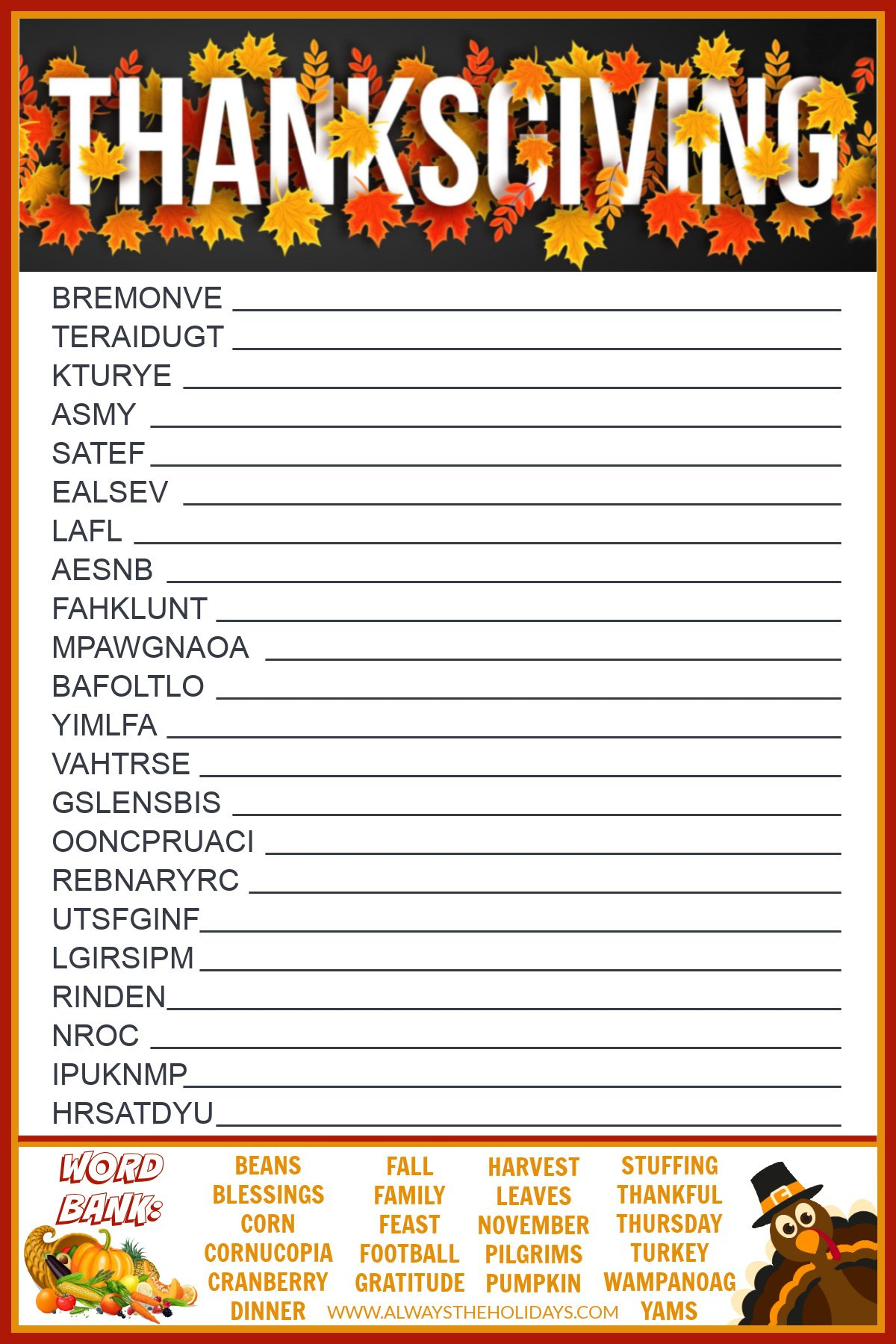 Get A Free Printable Thanksgiving Word Scramble With Answers for Thanksgiving Word Scramble Worksheet