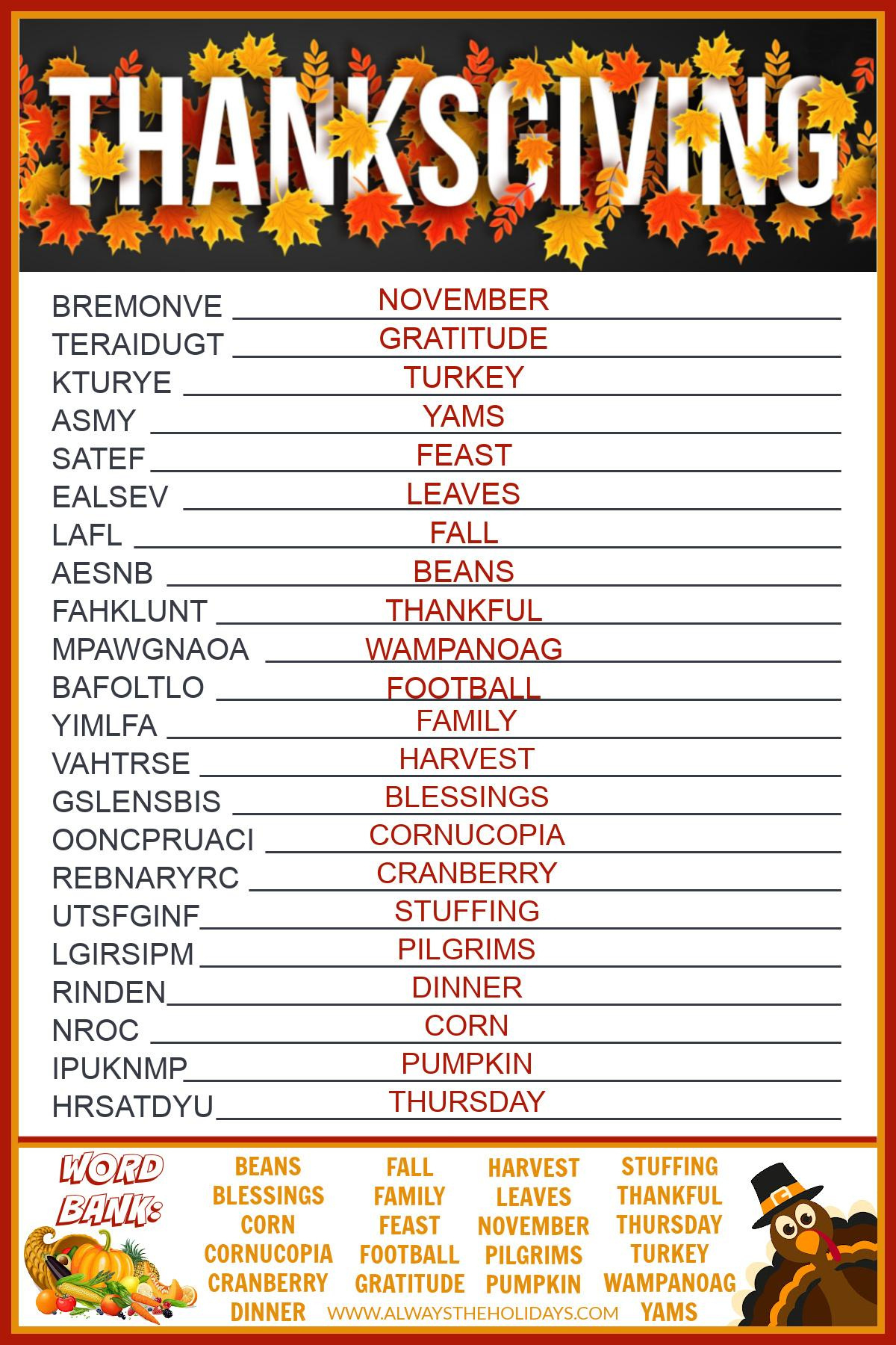 Get A Free Printable Thanksgiving Word Scramble With Answers intended for Printable Thanksgiving Word Scramble