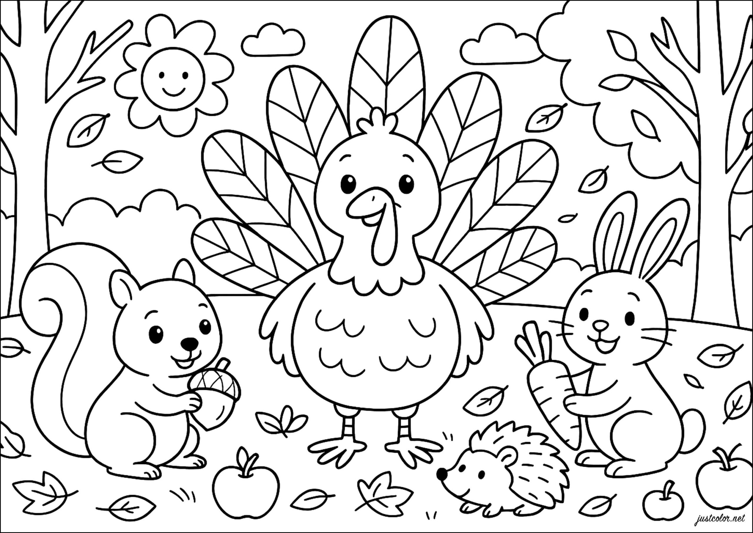 Happy Turkey And His Autumn Friends - Thanksgiving Coloring Pages pertaining to Thanksgiving Color Pages Printable