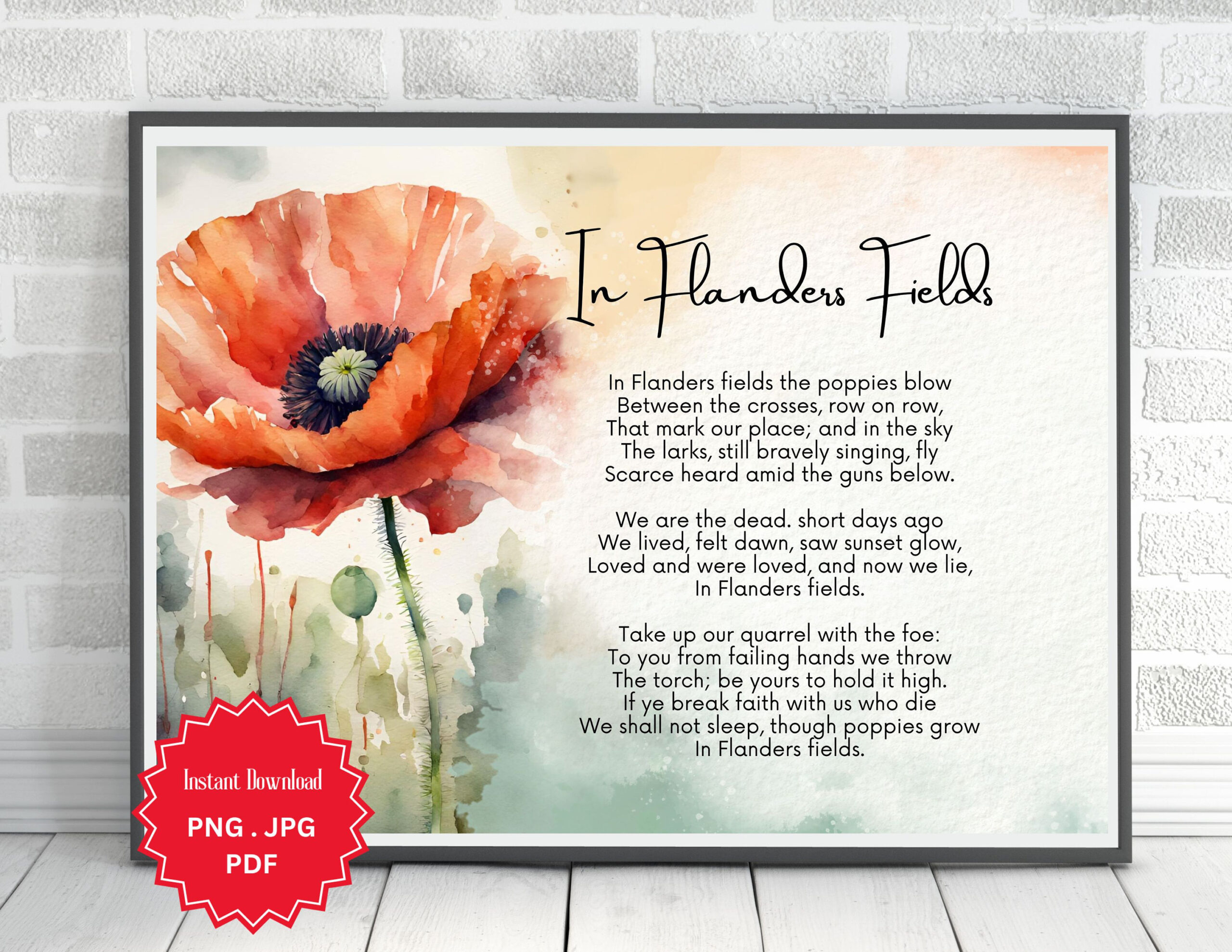 In Flanders Fields Poem Print: Remembrance Day Poppy Watercolor in Veterans Day Poppy Field Poem