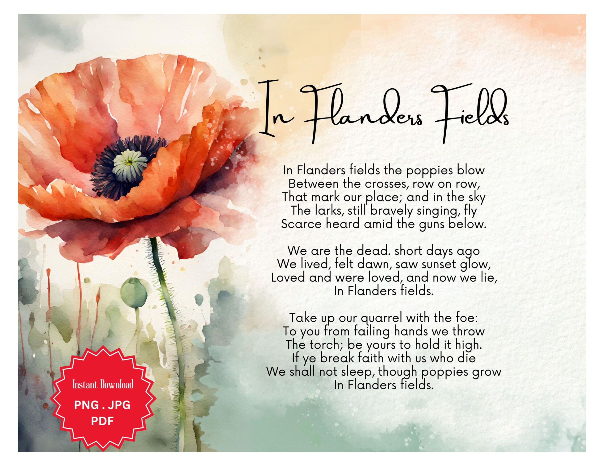 In Flanders Fields Poem Print: Remembrance Day Poppy Watercolor within Poppy Flower Veterans Day Poem