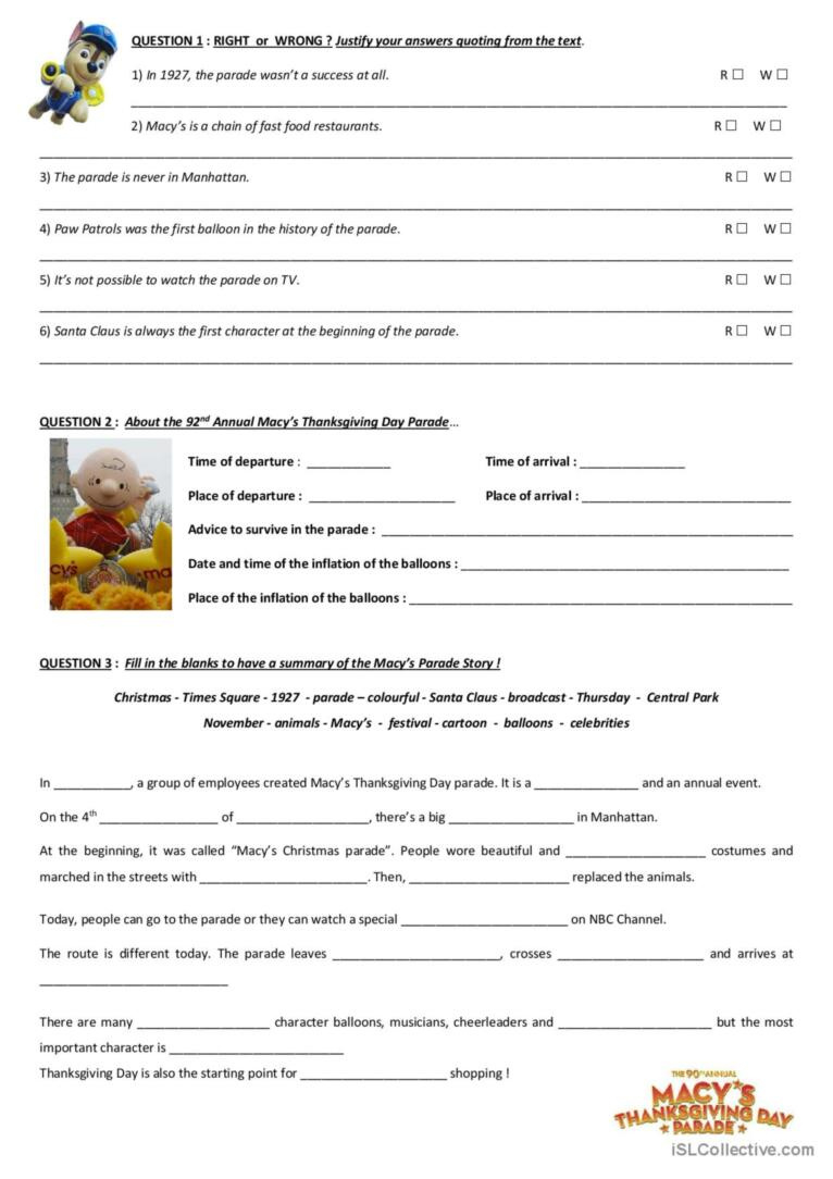 Macy&amp;#039;S Thanksgiving Day Parade: English Esl Worksheets Pdf &amp;amp; Doc inside Macys Thanksgiving Day Parade Worksheet