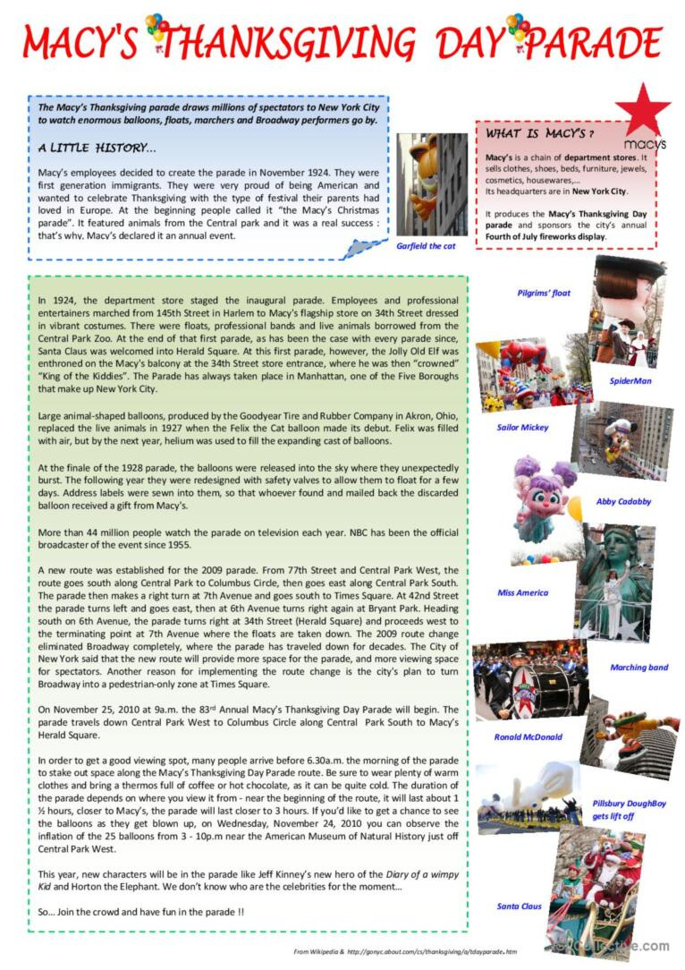 Macy&#039;S Thanksgiving Day Parade Readi…: English Esl Worksheets Pdf inside Macys Thanksgiving Day Parade Worksheet