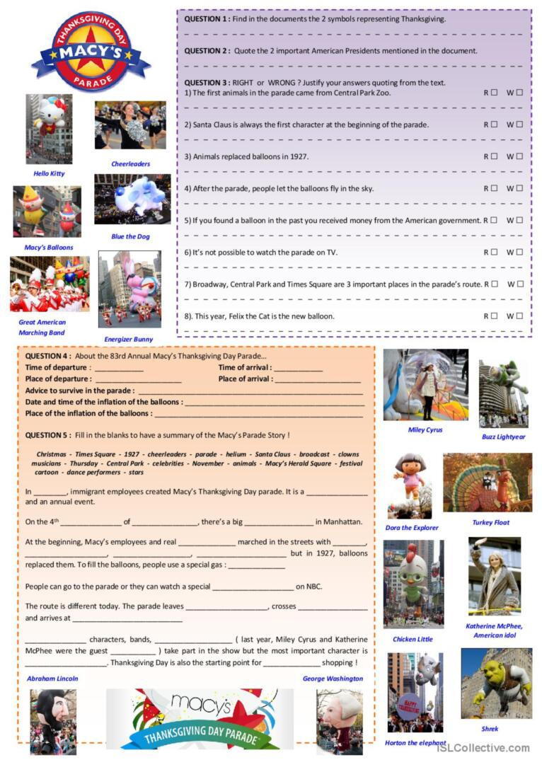 Macy&amp;#039;S Thanksgiving Day Parade Readi…: English Esl Worksheets Pdf with Macys Thanksgiving Day Parade Worksheet