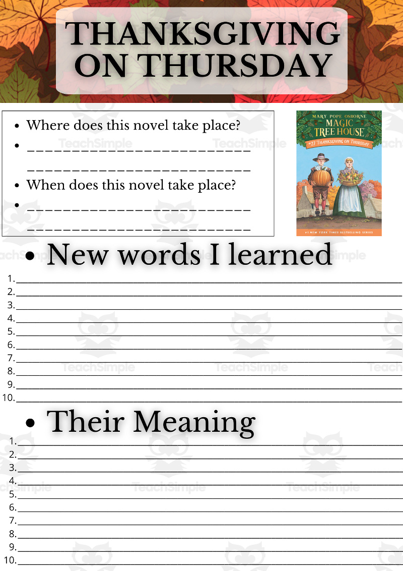 Novel Study - Thanksgiving On Thursday - Magic Tree Houseteach with Magic Tree House Thanksgiving On Thursday Worksheets