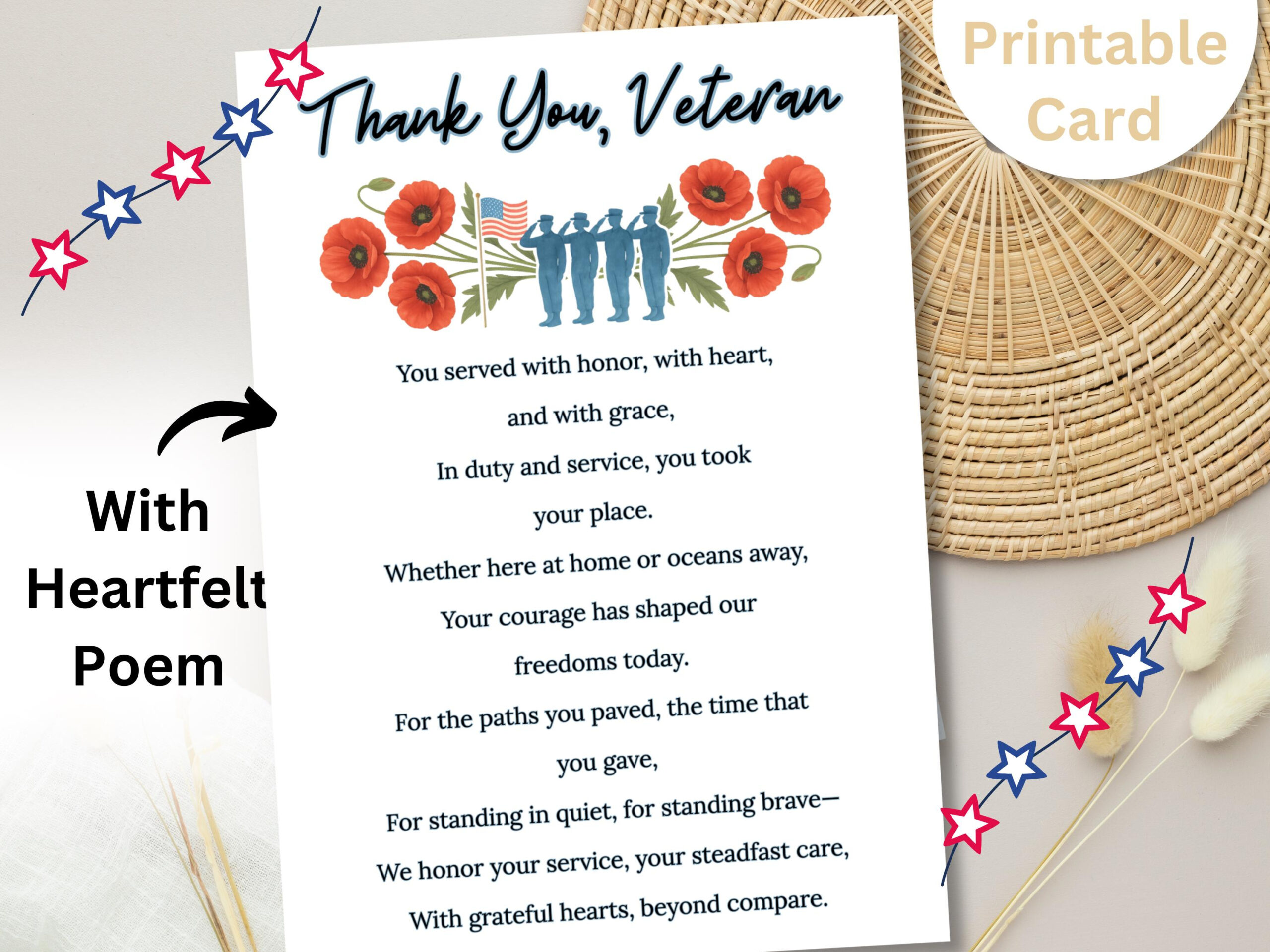Patriotic Veteran Thank You Card | Printable Poppy Poem Digital Download pertaining to Poppy Poem For Veterans Day