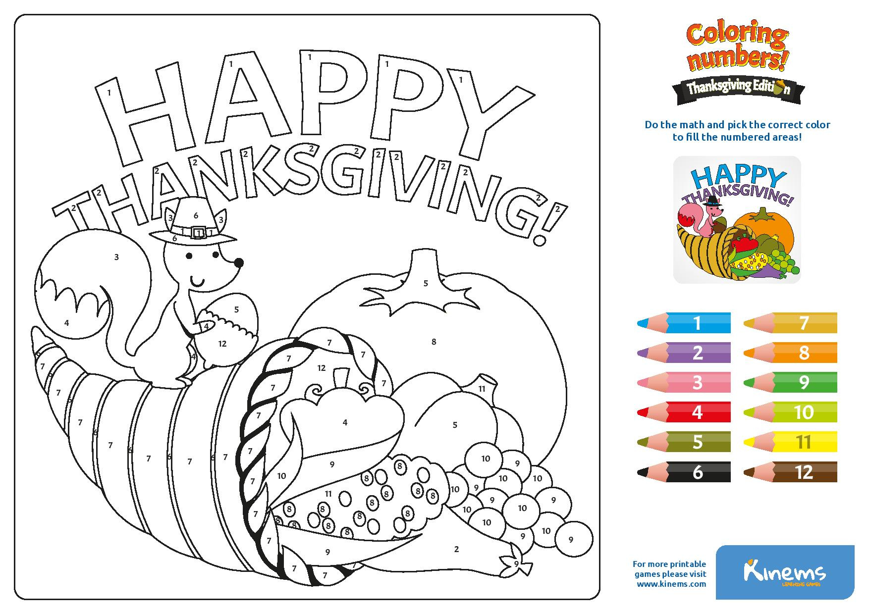 Printable Educational Board Game: Coloring Numbers Thanksgiving for Color By Number Thanksgiving Printable