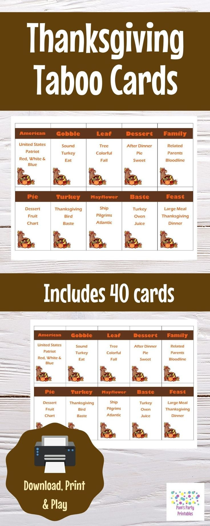 Printable Thanksgiving Game – Taboo Cards Instant Download for Free Printable Thanksgiving Taboo Cards