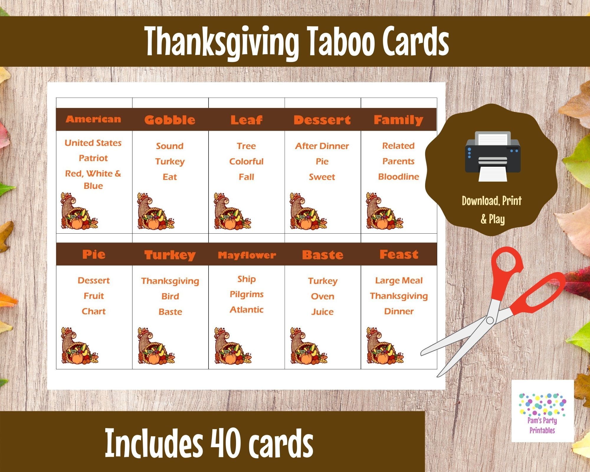 Printable Thanksgiving Game – Taboo Cards Instant Download | Pam&amp;#039;S with regard to Free Printable Thanksgiving Taboo Cards