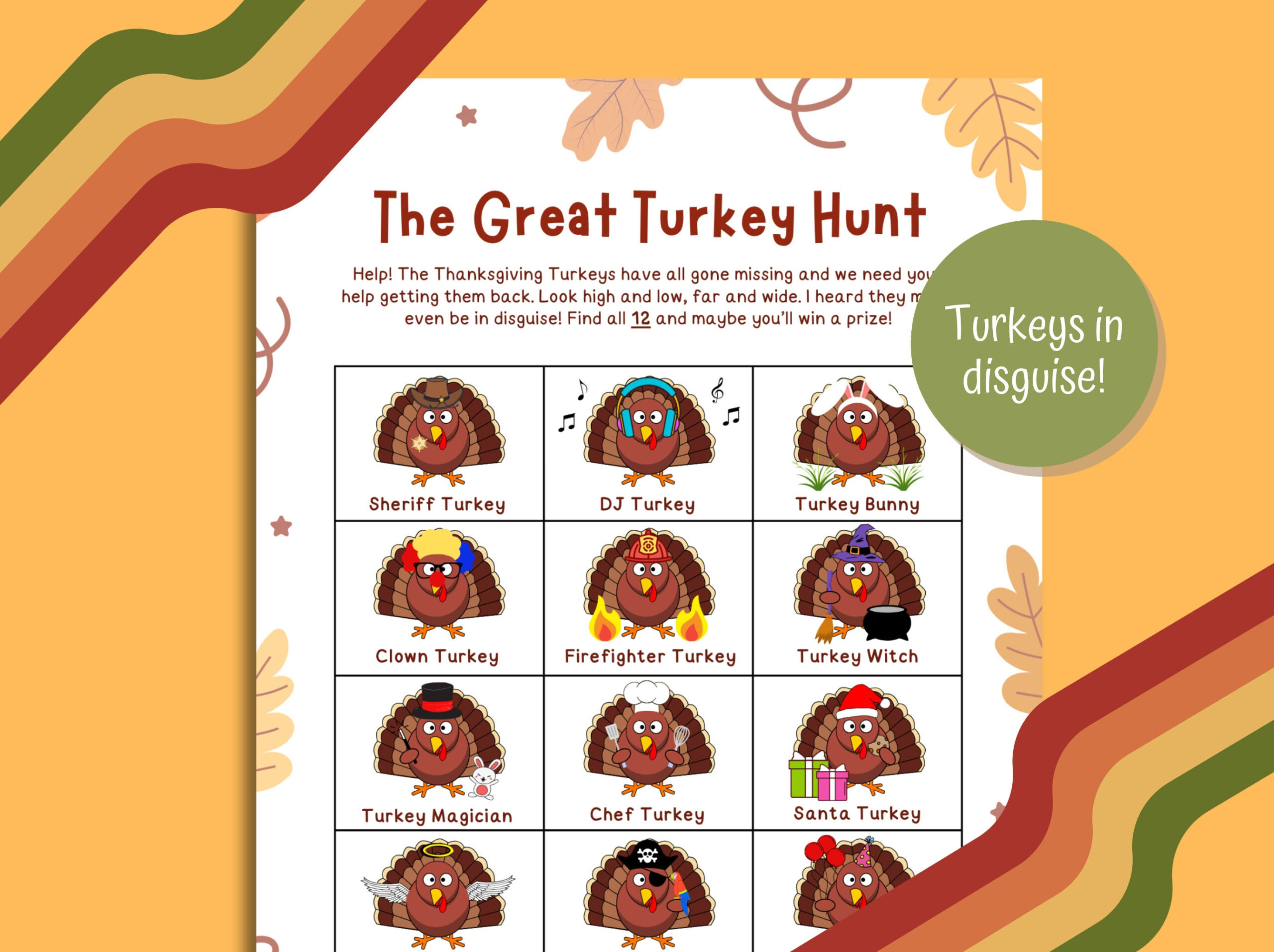 Printable Thanksgiving Turkey Hunt Game: Turkeys In Disguise (Pdf with Turkey Scavenger Hunt Printable