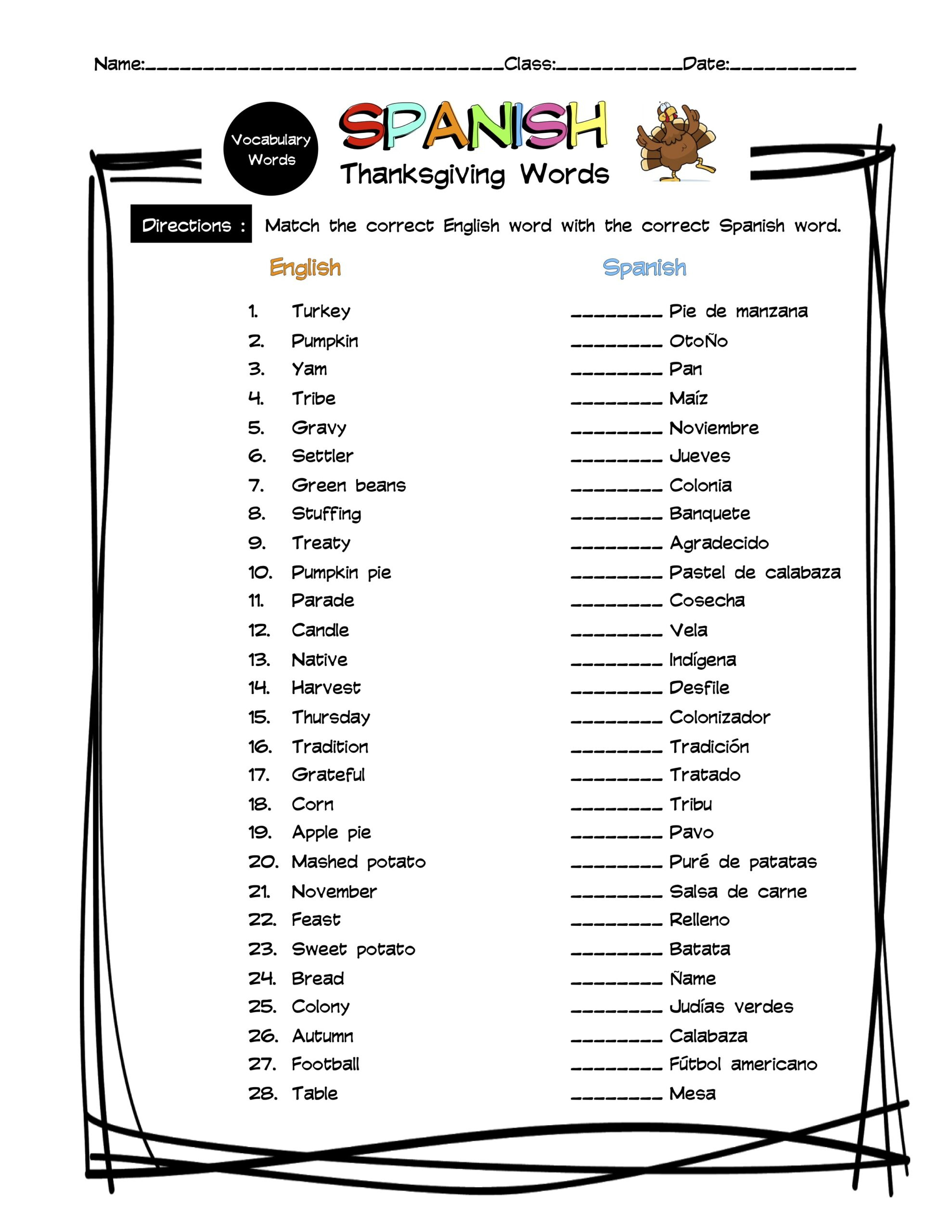 Spanish Thanksgiving Vocabulary Matching Worksheet &amp;amp; Answer Key inside 7 2 Thanksgiving Worksheet Answers