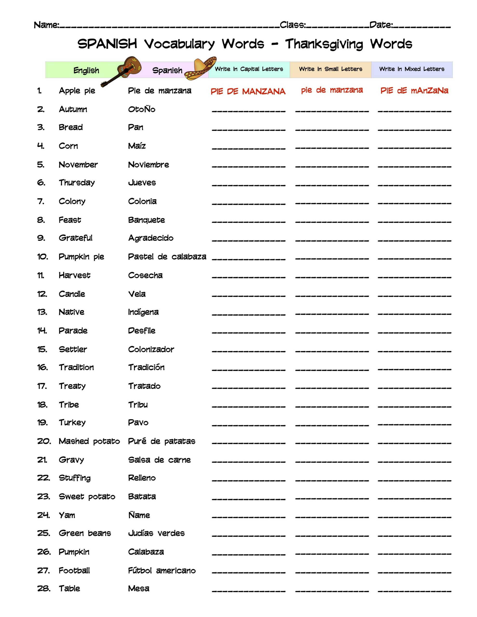 Spanish Thanksgiving Vocabulary Word List Column Worksheet | Made with Thanksgiving Worksheets In Spanish