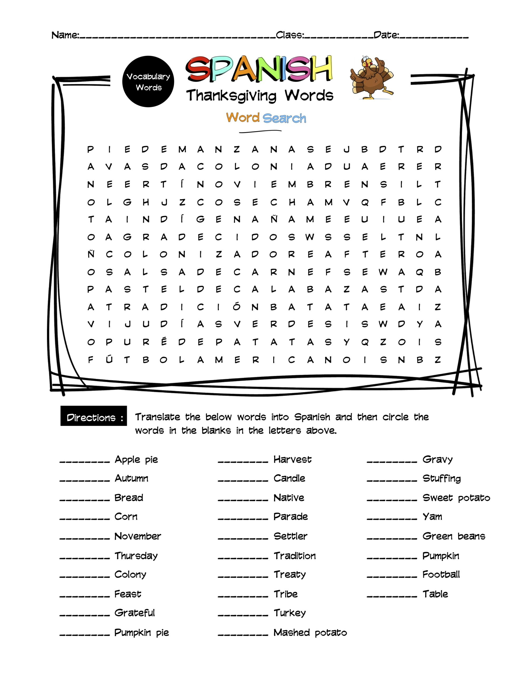 Spanish Thanksgiving Vocabulary Word Search &amp;amp; Answer Key | Made with Thanksgiving Worksheets in Spanish