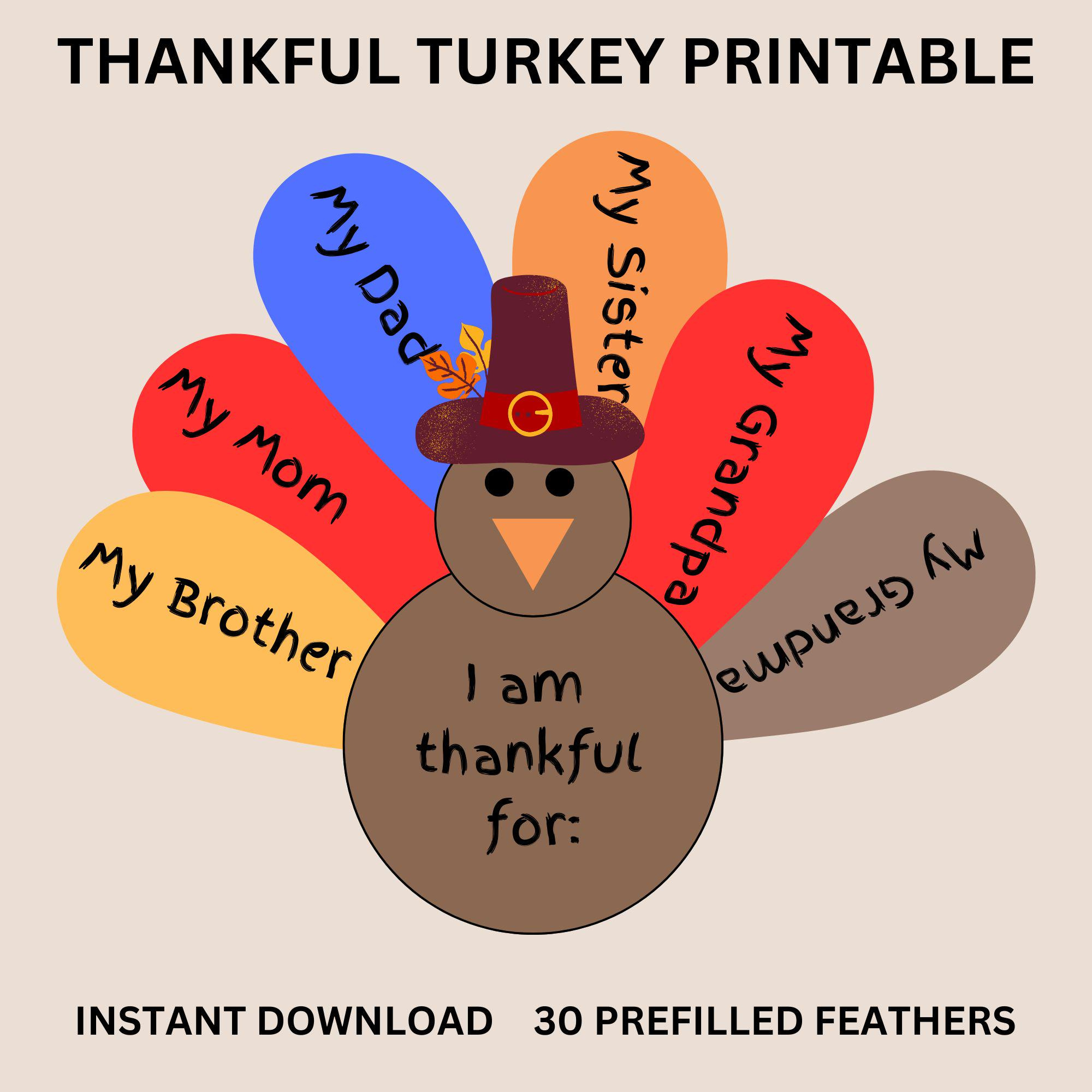 Thankful Turkey Craft: Thanksgiving Printable (Pdf) - Etsy Finland in Printable Thanksgiving Turkey Pictures
