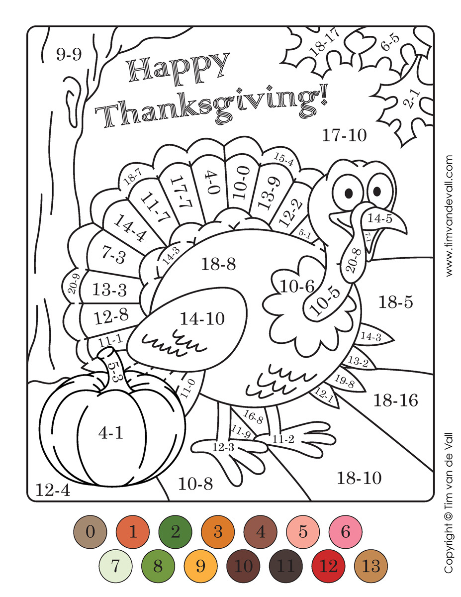 Thanksgiving-Color-By-Numbers-Subtraction - Tim&amp;#039;S Printables for Thanksgiving Subtraction Worksheets