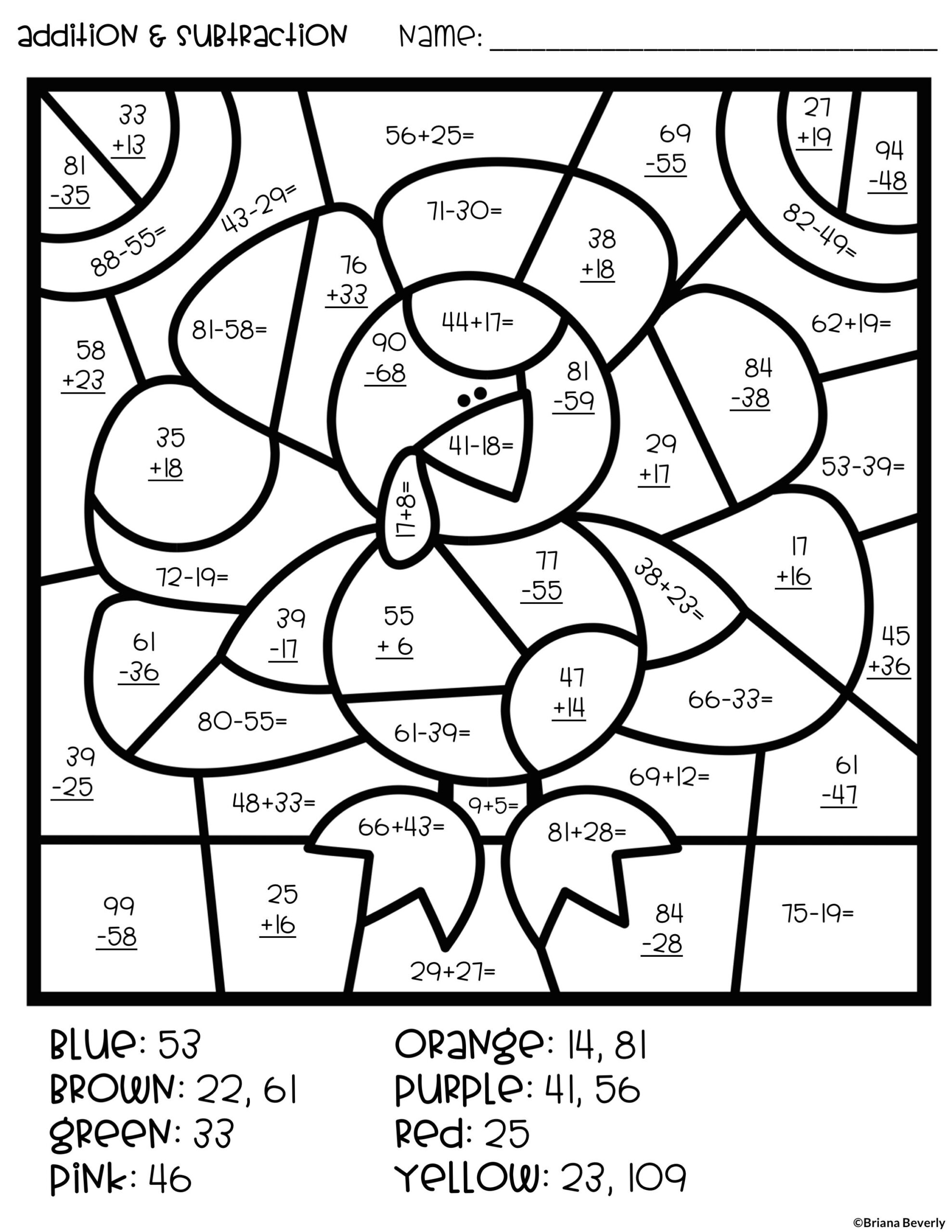 Thanksgiving Colornumber Double Digit Addition &amp;amp;Amp within Thanksgiving Subtraction Worksheets
