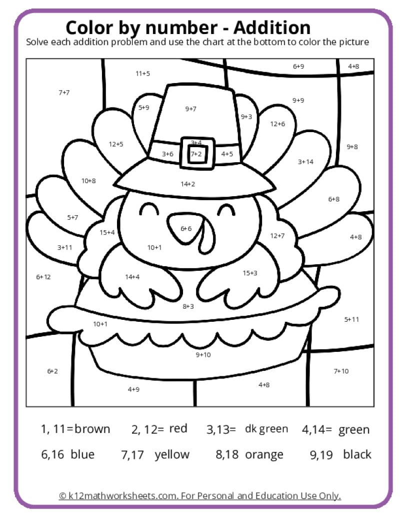 Thanksgiving Colornumber Pages - K12 Math Worksheets in Thanksgiving Worksheets Math