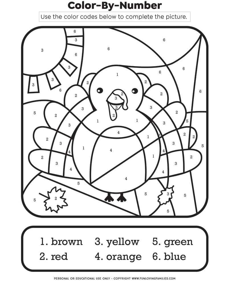 Thanksgiving Colornumber Printable Kids Activity - Fun Loving for Color By Number Turkey Printables