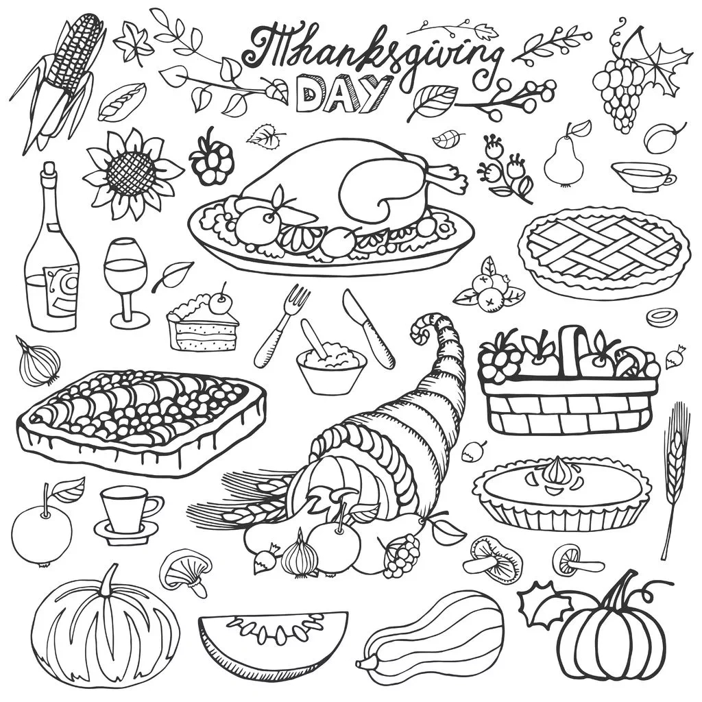 Thanksgiving-Cornucopia-And-Turkey-By-Tatiana-Kostysheva inside Free Printable Thanksgiving Food Coloring Pages