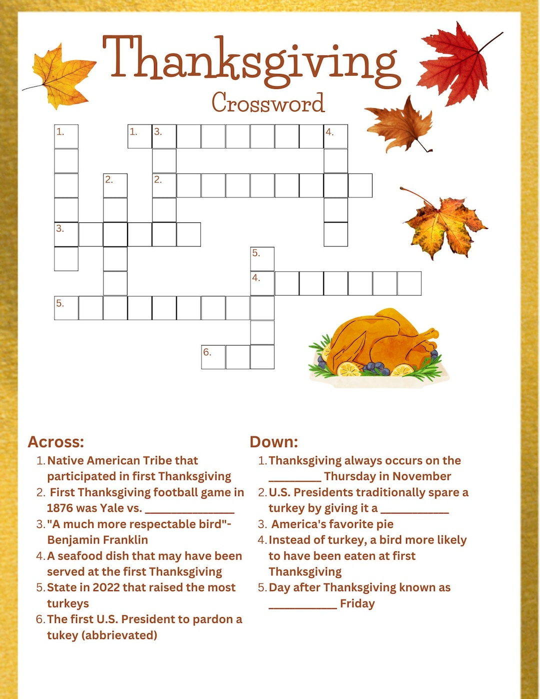 Thanksgiving Crossword - Etsy with Thanksgiving Day Crossword Printables